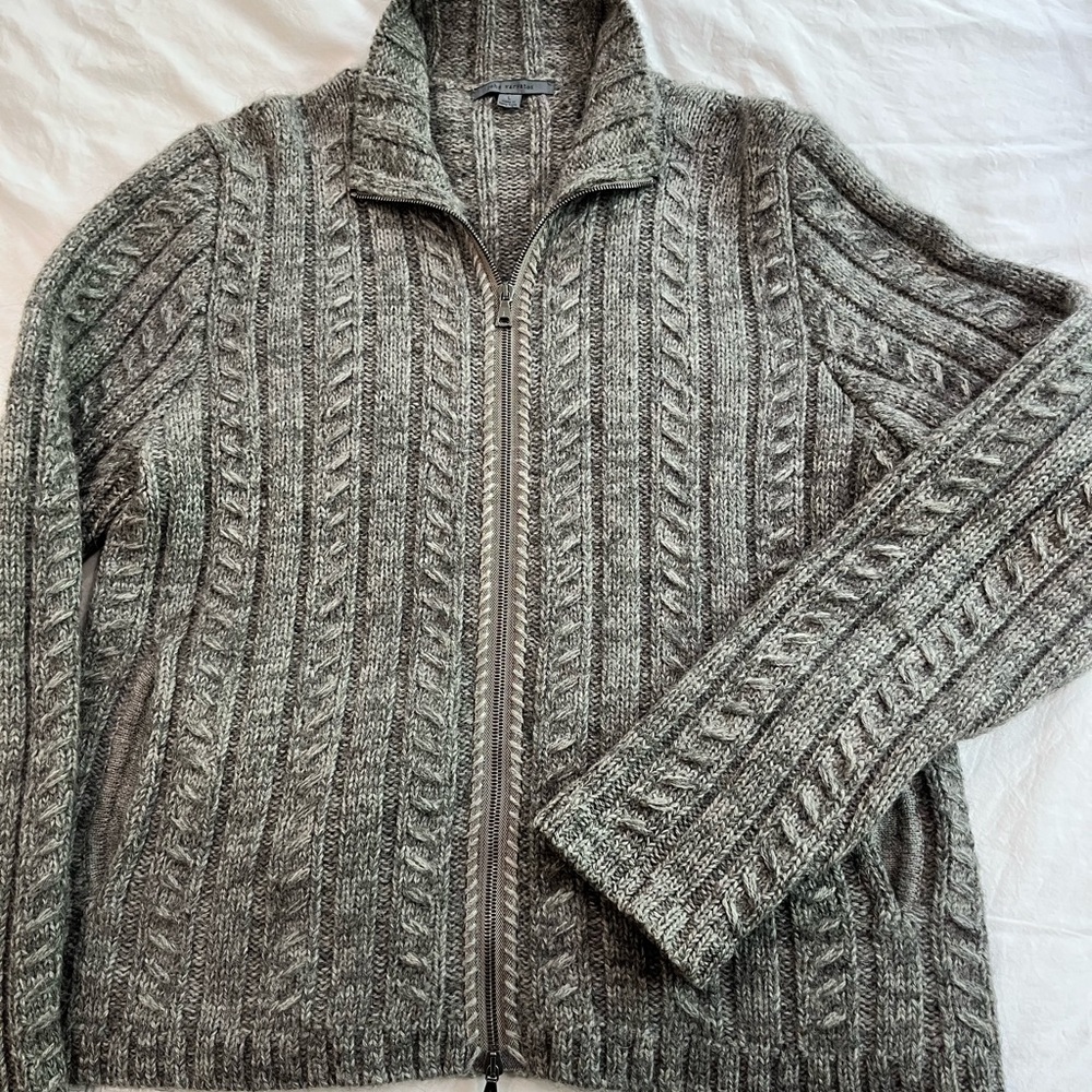 John Varvatos Gray Zip Up Cable Knit Sweater